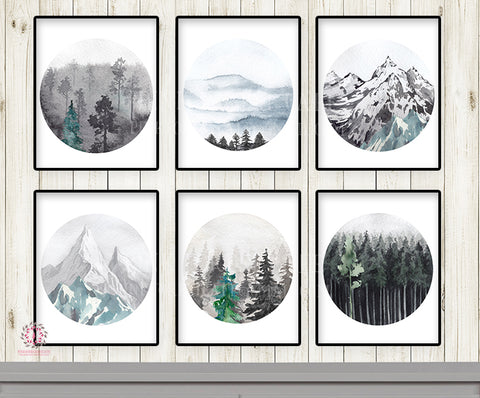 Lot of 6 Woodland Boy Wall Art Print Sphere Mountains Forest Pine Trees Nursery Baby Room Set Prints Bohemian Printable Home Decor