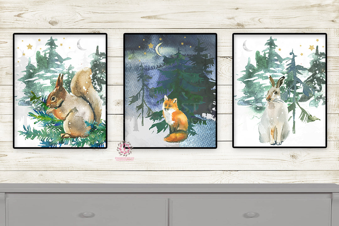 Bunny Fox Squirrel Forest Woodland Boy Nursery Wall Art Print Ethereal Boho Baby Kids Bedroom Trend Set Lot Prints Printable Decor