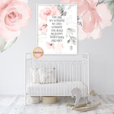 Boho You Are My Sunshine Wall Art Print Blush Pink Watercolor Floral Girl Nursery Printable Decor