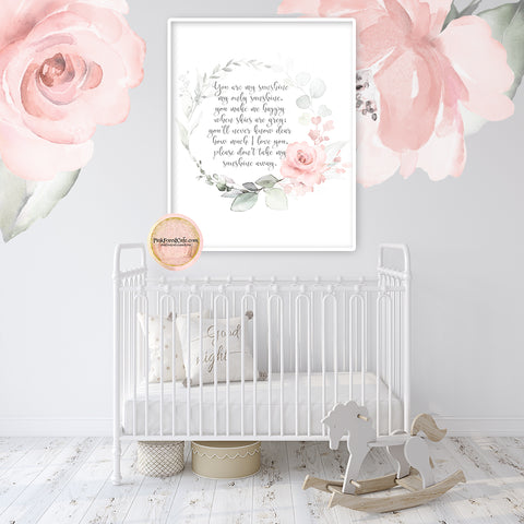 Boho You Are My Sunshine Wall Art Print Blush Pink Watercolor Floral Girl Nursery Printable Decor