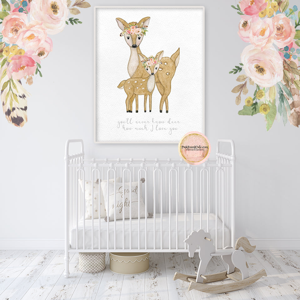 Deer Wall Art Print You Are My Sunshine Baby Girl Boho Feather Woodland Nursery You'll Never Know Dear How Much I Love You Watercolor Printable Decor