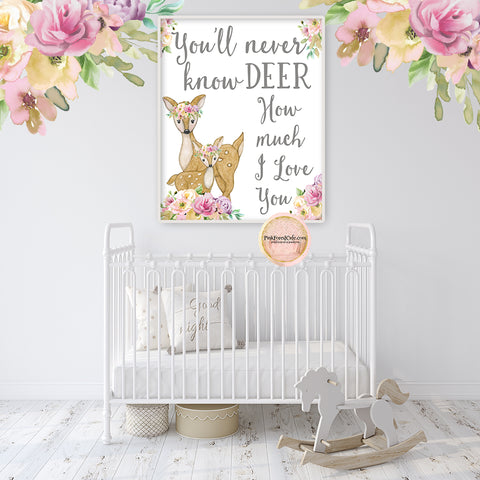 Deer Wall Art Print You Are My Sunshine Baby Girl Boho Woodland Nursery You'll Never Know Dear How Much I Love You Watercolor Printable Decor