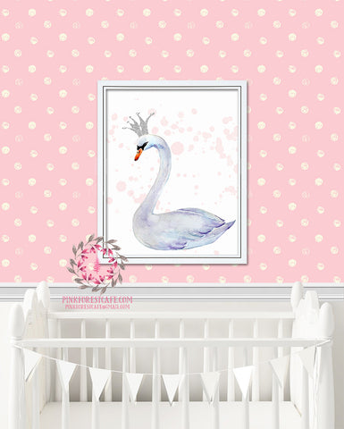 Swan Crown Watercolor Printable Wall Art Baby Girl Nursery Decor Print