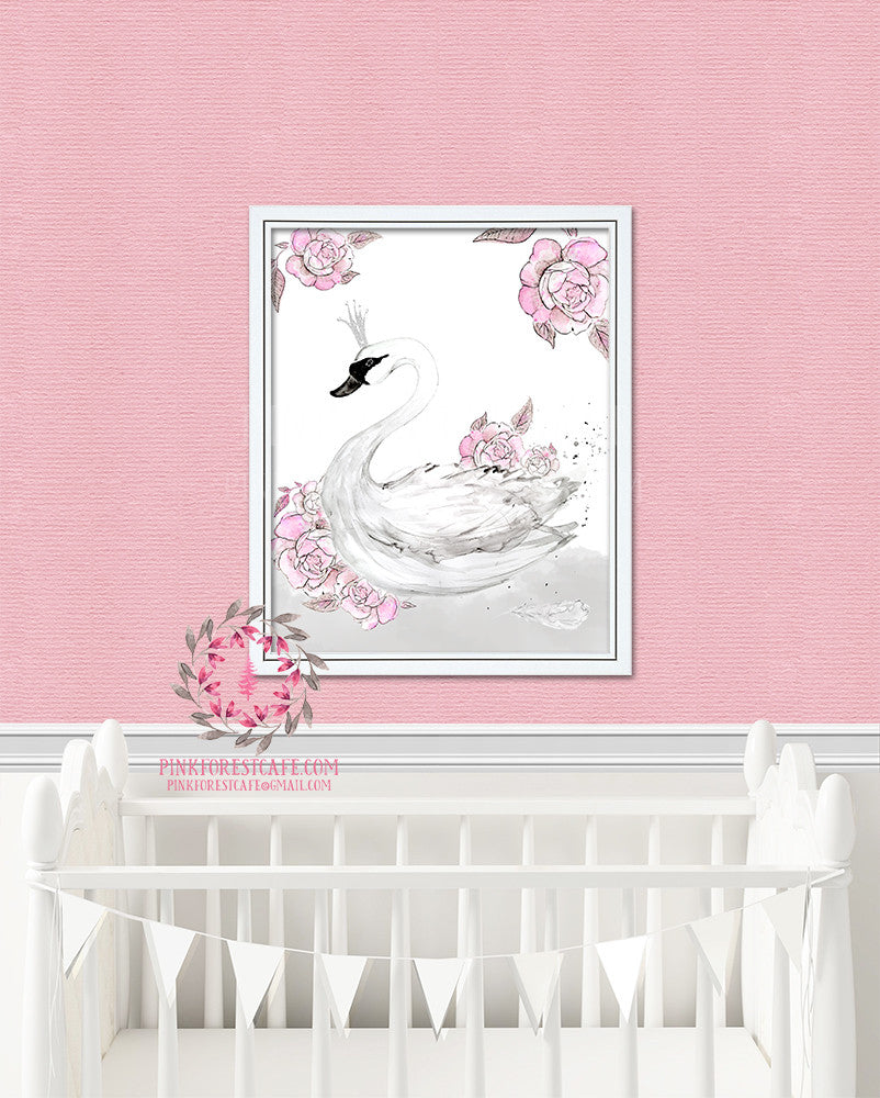 Swan Pink Peonies Watercolor Printable Wall Art Baby Girl Nursery Decor Print