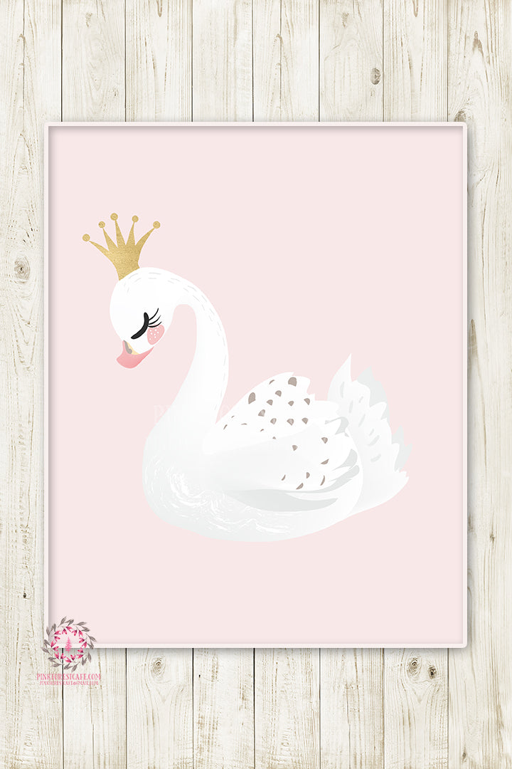 Boho Swan Baby Girl Nursery Wall Art Print Ethereal Pink Gold Crown Whimsical Bohemian Floral Minimalist Printable Decor