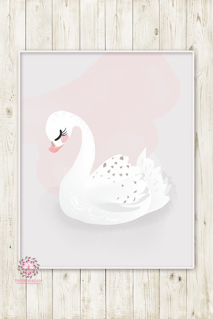 Swan Baby Girl Nursery Wall Art Print Ethereal Pink Gray Whimsical Bohemian Floral Minimalist Printable Decor