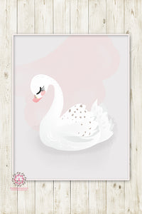 Swan Baby Girl Nursery Wall Art Print Ethereal Pink Gray Whimsical Bohemian Floral Minimalist Printable Decor