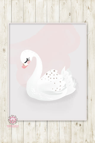 Swan Baby Girl Nursery Wall Art Print Ethereal Pink Gray Whimsical Bohemian Floral Minimalist Printable Decor