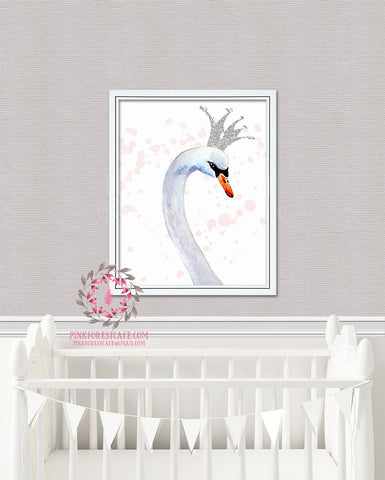 Silver Crown Boho Swan Wall Art Print Watercolor Baby Girl Nursery Printable Decor