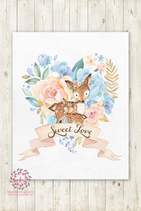 Deer Fawn Woodland Boho Wall Art Print Baby Girl Nursery Sweet Love Bohemian Floral Printable Decor