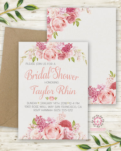 Rose Blush Bridal Shower Invite Invitation 2 Sided Wedding Save The Date Floral Pink Watercolor Printable Announcement