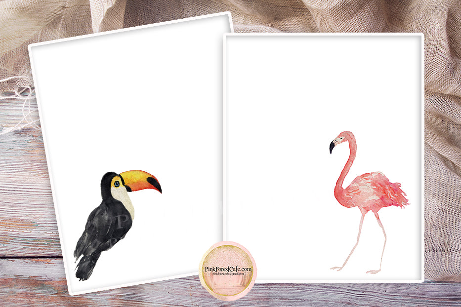 2 Pink Flamingo Toucan Wall Art Print Tropical Baby Girl Nursery Ethereal Whimsical Printable Decor