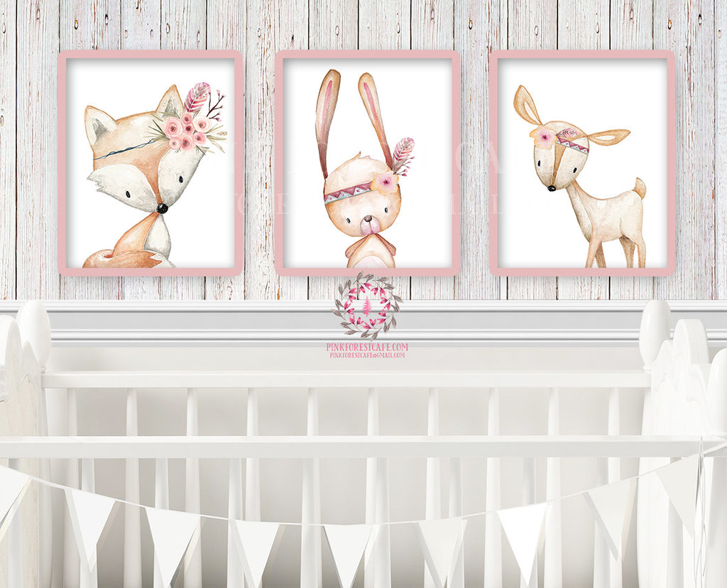 3 Deer Fox Bunny Rabbit Tribal Printable Print Wall Art Woodland Boho Bohemian Floral Nursery Baby Girl Bedroom Set Lot Prints Decor