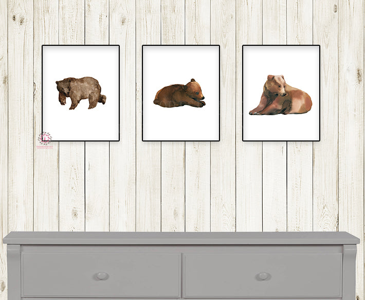 Bear Watercolor Set 3 Wall Art Print Woodland Boho Nursery Baby Set Lot Prints Printable Decor