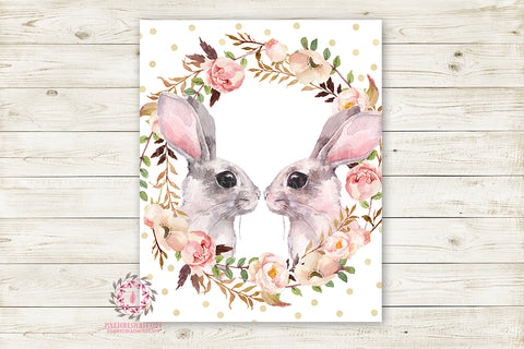 Bunny Rabbit Boho Woodland Nursery Wall Art Print Baby Kids Room Floral Watercolor Printable Decor