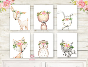 6 Deer Fox Bunny Rabbit Bear Woodland Boho Wall Art Print Nursery Set Bohemian Raccoon Owl Floral Nursery Baby Girl Room Prints Printable Home Decor