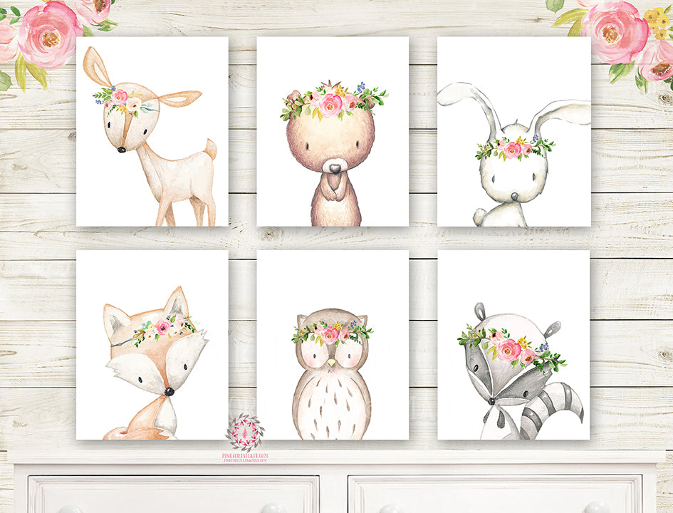 6 Deer Fox Bunny Rabbit Bear Woodland Boho Wall Art Print Nursery Set Bohemian Raccoon Owl Floral Nursery Baby Girl Room Prints Printable Home Decor