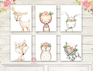 6 Deer Fox Bunny Rabbit Bear Woodland Boho Wall Art Print Nursery Set Bohemian Raccoon Owl Floral Nursery Baby Girl Room Prints Printable Home Decor