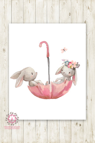 Umbrella Bunnies Bunny Rabbit Wall Art Print Boho Girl Nursery Baby Room Watercolor Printable Decor