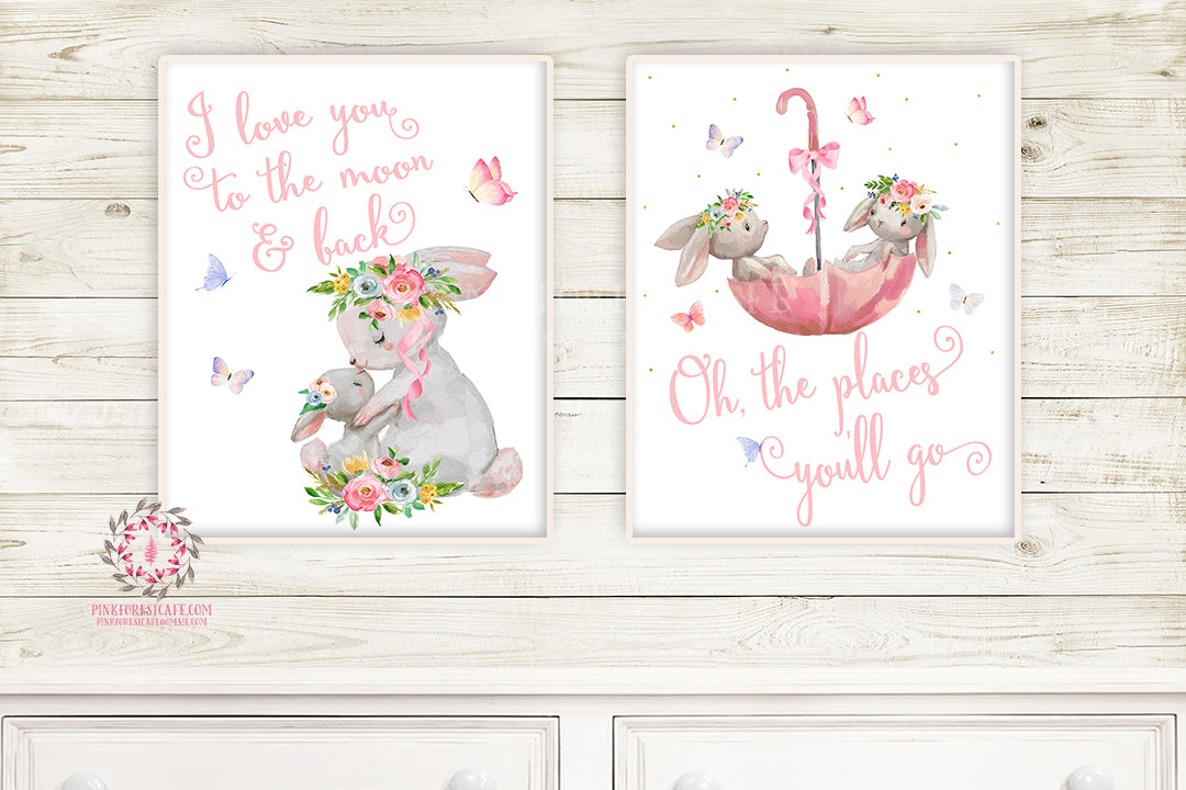 Umbrella Bunnies Oh The Places You'll Go Boho Nursery Wall Art Print Love You To The Moon And Back Baby Girl Room Watercolor Bunny Rabbit Printable Decor