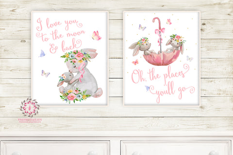 Umbrella Bunnies Oh The Places You'll Go Boho Nursery Wall Art Print Love You To The Moon And Back Baby Girl Room Watercolor Bunny Rabbit Printable Decor