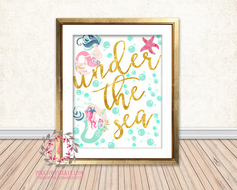 Under The Sea Gold Mermaid Nursery Baby Girl Nautical Room Printable Print Wall Art Decor