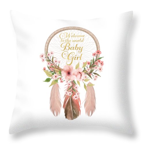 Welcome To The World Baby Girl Dreamcatcher Nursery Throw Pillow