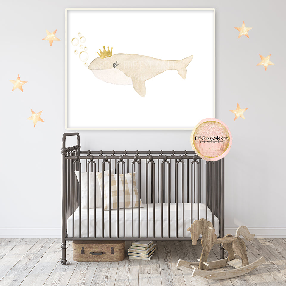 Boho Whale Crown Wall Art Print Watercolor Baby Boy Girl Nursery Exclusive Printable Decor