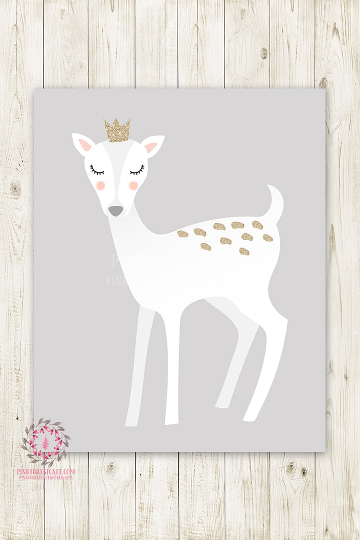 Sleeping Woodland Deer Wall Art Print Crown Woodland Baby Nursery White Gold Printable Decor