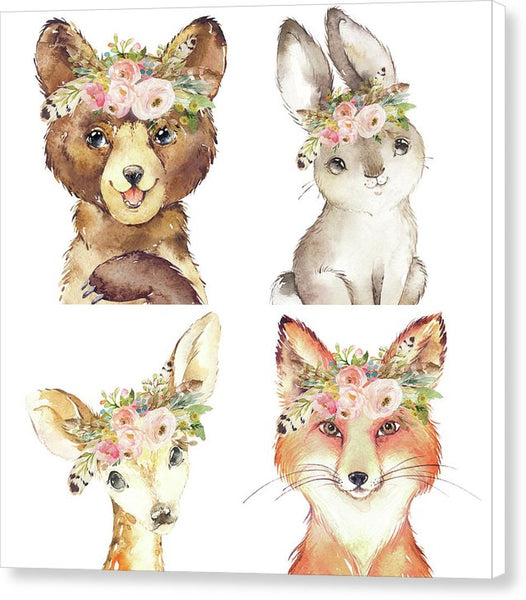 Woodland Tribal Animals Feather Boho Bear Deer Bunny Fox - Canvas Print