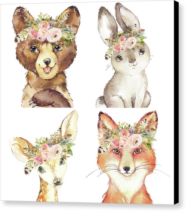 Woodland Tribal Animals Feather Boho Bear Deer Bunny Fox - Canvas Print