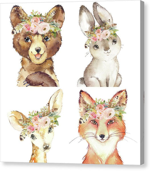 Woodland Tribal Animals Feather Boho Bear Deer Bunny Fox - Canvas Print