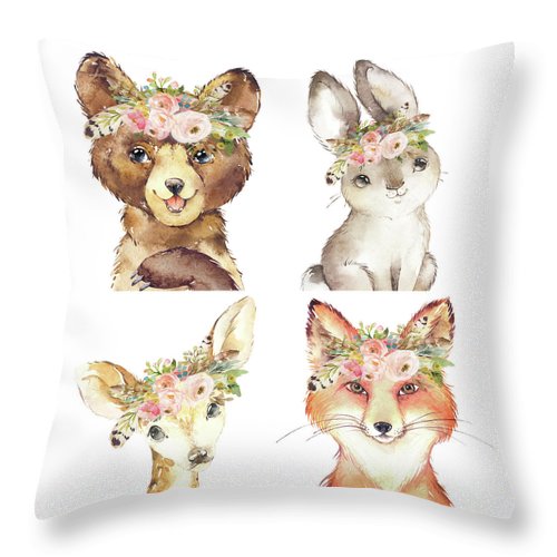 Woodland Tribal Animals Feather Throw Pillow Boho Baby Girl Nursery Decor