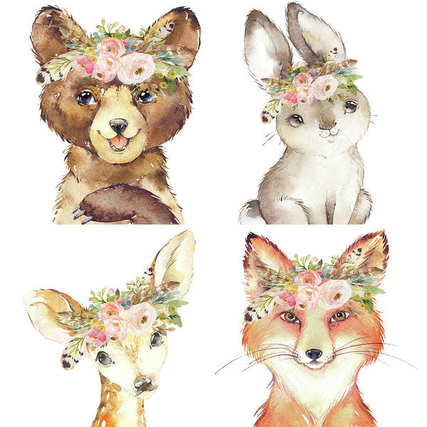 Woodland Tribal Animals Feather Boho Art Print Bear Deer Fox Bunny Rabbit