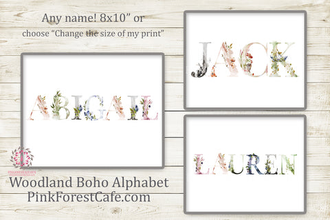 Ethereal Baby Kids Boy Girl Name Boho Woodland Wall Art Print Baby Nursery Wolf Deer Fox Floral Rustic Printable Decor