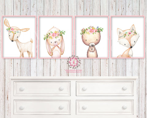 4 Deer Fox Bunny Rabbit Bear Woodland Boho Wall Art Print Nursery Set Bohemian Floral Nursery Baby Girl Room Prints Printable Home Decor