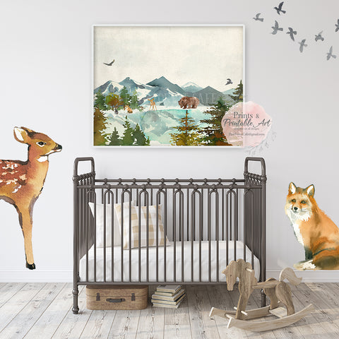 Woodland Animals Wall Art Print Deer Bunny Fox Bear Watercolor Baby Nursery Printable Decor