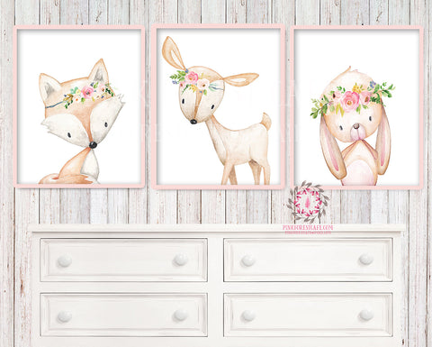 3 Deer Fox Bunny Rabbit Woodland Boho Bohemian Floral Nursery Baby Girl Room Set Lot Prints Printable Print Wall Art Home Decor