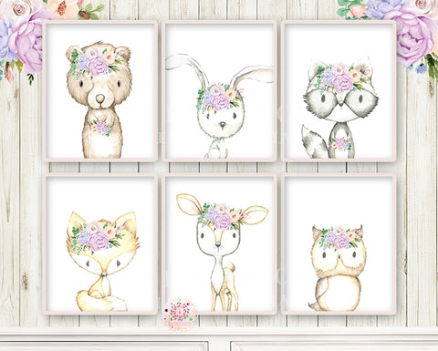 NEW 6 Deer Fox Bunny Rabbit Bear Boho Wall Art Print Purple Peony Woodland Bohemian Floral Nursery Owl Raccoon Baby Girl Room Set Lot Prints EXCLUSIVE** Printable Décor