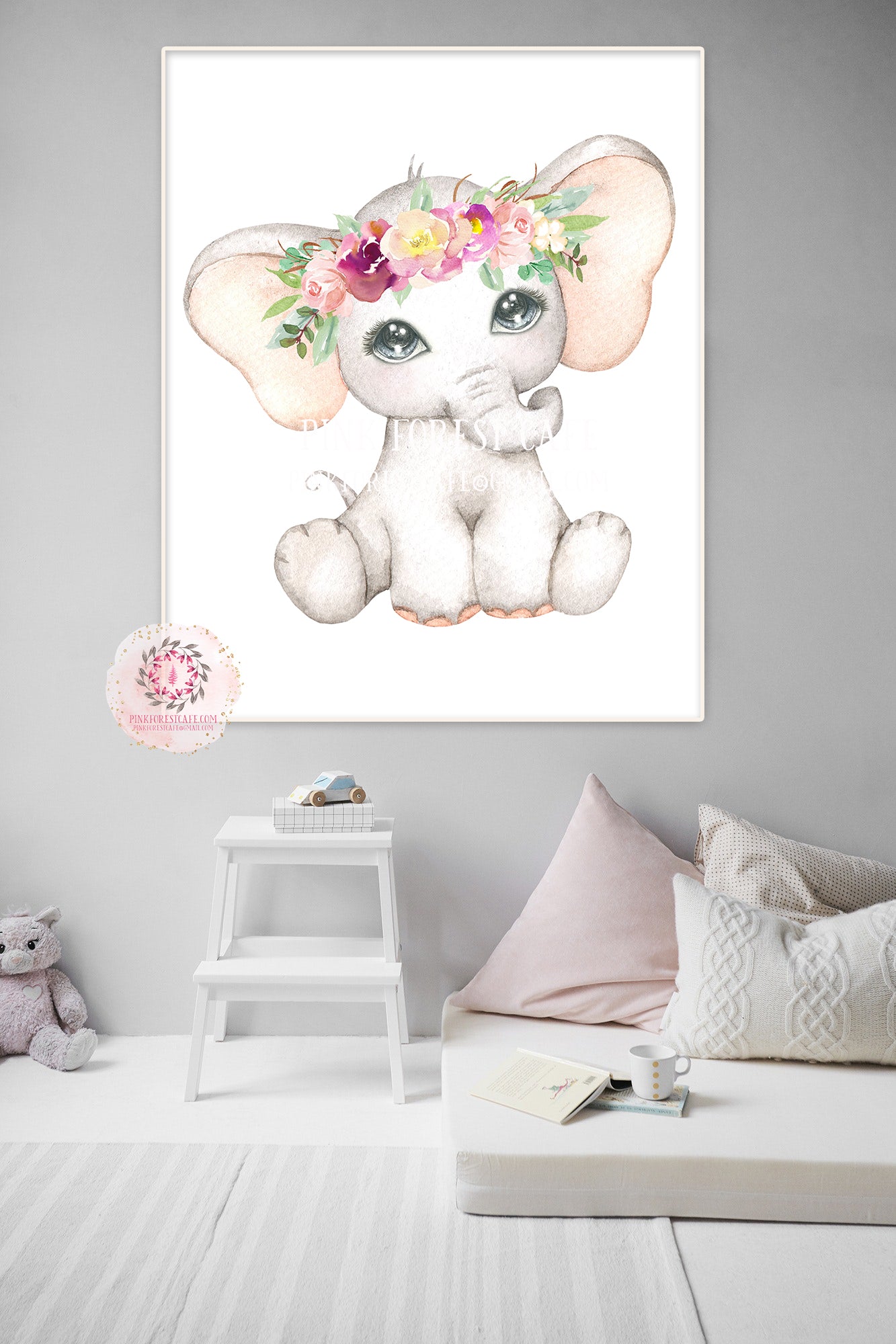 Purple Boho Elephant Wall Art Print Baby Girl Nursery Whimsical Zoo Safari Animal Watercolor Printable Decor