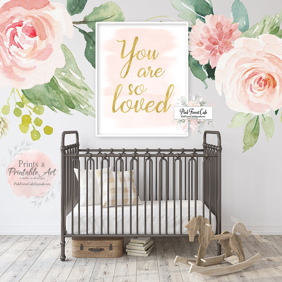 You Are So Loved Gold Blush Wall Art Print Boho Watercolor Baby Girl N ...