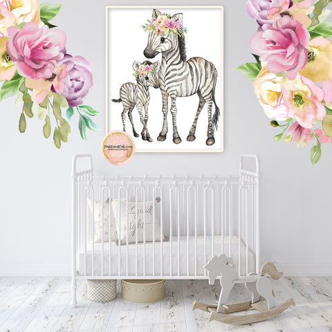 Boho Zebra Watercolor Wall Art Print Nursery Zoo Baby Girl Room Purple Pink Peony Floral Bohemian Safari Watercolor Printable Decor