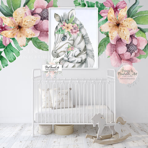 Boho Zebra Wall Art Print Floral Tropical Nursery Zoo Baby Girl Room Safari Watercolor Printable Decor